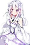  bare_shoulders blush braid breasts detached_sleeves dress elf emilia_(re:zero) flower hair_flower hair_ornament highres long_hair long_sleeves looking_at_viewer medium_breasts pleated_skirt pointy_ears purple_eyes re:zero_kara_hajimeru_isekai_seikatsu silver_hair simple_background skirt smile solo takeshima_(nia) white_background 