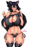  absurd_res animal_humanoid bell bell_collar big_breasts black_hair blush breasts cat_humanoid cat_lingerie cleavage clothed clothing collar feline female green_eyes hair hi_res humanoid lingerie mammal midriff mkonstantinov navel pose simple_background skimpy smile solo voluptuous white_background wide_hips 