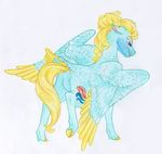  aqua_feathers aqua_fur blonde_hair cutie_mark dawn22eagle equine feathered_wings feathers feral friendship_is_magic hair hooves horse male mammal my_little_pony pegasus pink_eyes pony simple_background solo standing traditional_media_(artwork) white_background wings yellow_feathers zephyr_breeze_(mlp) 