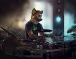  5_fingers anthro black_nose brown_hair clothed clothing drum fur hair hyena koul male mammal musical_instrument pants shirt smile solo spots spotted_fur tan_fur 