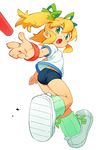  ass baton blonde_hair floating_hair green_eyes gym_uniform hair_ribbon highres om_(nk2007) open_mouth outstretched_arm ribbon rockman rockman_(classic) roll shoes short_sleeves sneakers solo 