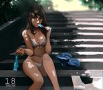  artist_name artstation_sample blurry bra breasts brown_eyes brown_hair chromatic_aberration dappled_sunlight depth_of_field fingernails food highres holding_clothes holding_shirt image_sample leonidas_sun looking_at_viewer medium_breasts nail_polish original outdoors panties popsicle red_nails sexually_suggestive shirt_removed shorts shorts_removed sitting sitting_on_stairs solo stairs sunlight text_focus tree_shade underwear watermark white_bra white_panties 