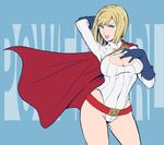  belt blonde_hair blue_eyes blue_gloves breasts cape cleavage cleavage_cutout dc_comics gloves highres huge_breasts k-kun large_breasts lips lipstick makeup power_girl short_hair solo superhero 