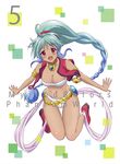  :d ahoge armlet blue_hair blush braid breasts cleavage copyright_name dark_skin fang full_body gradient_hair green_hair large_breasts long_hair looking_at_viewer midriff multicolored_hair musaigen_no_phantom_world navel open_mouth outstretched_arms panties ponytail red_eyes red_footwear ruru_(phantom_world) shoes smile solo underwear very_long_hair white_panties 