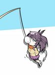  bike_shorts blue_eyes chibi expressionless fishing_rod hands_in_pockets imura_(shiro_maru) jacket long_hair original ponytail purple_hair red_scarf scarf shiro_maru solo 