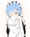  black_dress blue_eyes blue_hair blush clothes_sniffing commentary_request detached_sleeves dress frills hair_ornament hair_over_one_eye hair_ribbon highres logic_ils maid maid_headdress re:zero_kara_hajimeru_isekai_seikatsu rem_(re:zero) ribbon shirt short_hair smelling solo white_shirt x_hair_ornament 