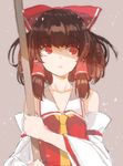  arm_garter ascot bad_id bad_pixiv_id bare_shoulders bow broom brown_hair collarbone detached_sleeves hair_bow hair_tubes hakurei_reimu holding holding_broom japanese_clothes looking_away miko parted_lips pokan_(xz1128) red_bow red_eyes solo touhou upper_body wide_sleeves 