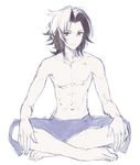  barefoot black_hair blue_eyes full_body granblue_fantasy indian_style lancelot_(granblue_fantasy) long_hair male_focus naedoko parted_lips shirtless shorts simple_background sitting sketch smile solo towel white_background 