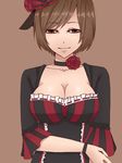  bracelet breasts brown_eyes brown_hair choker cleavage collarbone flower frills hand_on_own_arm hat jewelry large_breasts light_smile looking_at_viewer lorelei_(module) meiko mini_hat nalfgo project_diva_(series) project_diva_extend rose ruffled_sleeves short_hair simple_background solo tan_background upper_body vocaloid 