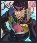  anchor_symbol dated gakuran hand_on_hip heart higashikata_jousuke jojo_no_kimyou_na_bouken leaning_forward male_focus nuri_kazuya peace_symbol pompadour purple_eyes purple_hair school_uniform signature solo zipper 