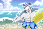  black_eyes bulge canine clothed clothing kannuk male mammal muscular open_mouth sea signature solo surfboard swimming_trunks swimsuit tagme teeth tongue topless water 