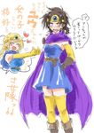  ^_^ belt blonde_hair blush blush_stickers braid brown_hair cape closed_eyes commentary_request double_thumbs_up dragon_quest dragon_quest_iii dress elbow_gloves gloves heart jester_(dq3) multiple_girls roto sweat thumbs_up translation_request unya yellow_eyes 