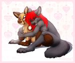  anthro areola breasts canine duo eyes_closed fangs female feral hug magenta7 male mammal nipples nude open_mouth simple_background sitting smile teeth tongue 