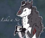  ambiguous_gender cup ear_piercing english_text eyewear grey_eyes hat monocle piercing sergal source_request text top_hat unknown_artist 