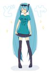  aqua_hair boots closed_eyes doyagao full_body hatsune_miku long_hair nokuhashi skirt smile solo thigh_boots thighhighs translated twintails very_long_hair vocaloid 
