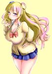 asymmetrical_hair blonde_hair blue_eyes blue_skirt blush bow breasts cardigan cleavage commentary_request cowboy_shot from_side galko gyaru hair_ornament hair_scrunchie hand_on_hip highres kogal large_breasts long_hair long_sleeves looking_at_viewer miniskirt one_side_up oshiete!_galko-chan pleated_skirt red_bow school_uniform scrunchie shishi_juuroku side_bun skirt solo 