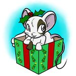  ambiguous_gender antonya_flynn blue_background box christmas gift grey_eyes holidays holly_(disambiguation) inkwell_pony mammal mouse rodent simple_background white_background 