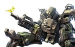  bastion_(overwatch) bird broken cable commentary crack damaged dirty dying ganymede_(overwatch) gatling_gun gun machine_gun mecha minigun moss no_humans overwatch rifle robot rust sitting taedu weapon 