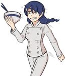  1girl blue_hair bowl braid chef chopsticks clenched_hand clenched_teeth double-breasted flower flying_sweatdrops hair_flower hair_ornament highres motion_lines sbdraws shokugeki_no_souma single_braid solo tadokoro_megumi teeth wavy_mouth yellow_eyes 