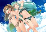  aqua_eyes aqua_hair ball beach beachball bikini blue_bikini blue_sky blush brown_bikini brown_hair cloud commentary_request day frilled_bikini frills front-tie_top hair_ornament hairclip high_ponytail kantai_collection kumano_(kantai_collection) long_hair looking_at_viewer multiple_girls navel open_mouth outdoors ponytail side-tie_bikini sky smile striped striped_bikini suzuya_(kantai_collection) swimsuit water_gun yumi_yumi 