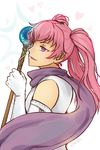  artist_name bangs dress elbow_gloves fire_emblem fire_emblem:_rekka_no_ken gloves heart holding looking_to_the_side pink_hair purple_eyes scarf serra smile solo staff tea-and-dreams upper_body white_gloves 