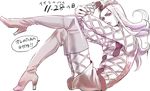  boots fishnets hariyama_(toubou_tengoku) hat high_heel_boots high_heels jojo_no_kimyou_na_bouken jojo_pose long_hair male_focus monochrome nail_polish narciso_anasui pose sitting skirt solo thigh_boots thighhighs translation_request 