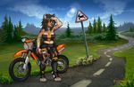  anthro armor breasts clothed clothing ear_piercing etsu_cuprumfox female helmet hyena looking_at_viewer mammal motorcycle outside piercing solo standing 