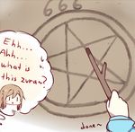  666 blush_stickers brown_hair commentary english kunikida_hanamaru kvlen long_hair love_live! love_live!_sunshine!! multiple_girls open_mouth pentagram skirt smile stick tsushima_yoshiko zura_(phrase) |_| 