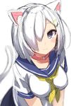  animal_ears blue_eyes blurry blush breasts cat_ears cat_tail collar depth_of_field hair_ornament hair_over_one_eye hairclip hamakaze_(kantai_collection) highres kantai_collection kemonomimi_mode large_breasts looking_at_viewer pleated_skirt school_uniform serafuku short_hair short_sleeves skirt smile solo tail takeshima_(nia) v_arms white_hair 