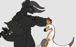  2018 absurd_res anthro big_breasts bird_wyvern black_diablos black_scales blue_eyes breasts capcom claws diablos_(mh) dragon duo english_text feathers female hi_res horn kulu_ya_ku larger_female male methados monster_hunter monster_hunter_world muscular muscular_female nervous nipples non-mammal_breasts nude red_eyes rock scales scalie simple_background size_difference smaller_male sound_effects spikes text video_games white_background wings wyvern 