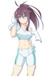  adjusting_clothes bike_shorts blue_eyes contrapposto covered_nipples imura_(shiro_maru) long_hair looking_up navel original ponytail purple_hair shiro_maru solo sports_bra sportswear standing stomach sweat towel towel_around_neck 