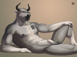  2016 abs animal_genitalia anthro balls biceps blue_eyes bovine cattle digital_media_(artwork) fully_sheathed fur grey_fur grey_nipples hand_on_knee horn looking_at_viewer male mammal muscular muscular_male nipples nude pecs pinup pose reclining rov sheath signature simple_background solo tan_background tattoo 