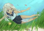  air_bubble algae bare_legs barefoot blonde_hair blue_eyes breath bubble bushinofuji commentary_request covered_navel crop_top cuttlefish feet fish flower freediving hair_flower hair_ornament highres kantai_collection long_hair one-piece_tan open_mouth ro-500_(kantai_collection) sailor_collar school_swimsuit solo swimming swimsuit swimsuit_under_clothes tan tanline toes underwater water 