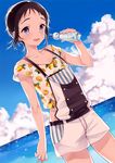  arm_at_side arm_up belt black_hair blue_eyes blue_sky bottle cloud collarbone cowboy_shot day earrings food food_print fruit horizon jewelry lemon looking_at_viewer male_focus multiple_earrings open_mouth otoko_no_ko outdoors ramune sakiyo_cake shorts sky smile solo standing suspenders 