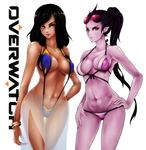  arm_behind_back bad_id bad_pixiv_id bangs bare_shoulders bikini black_hair blue_bikini body_writing bracelet breasts breasts_apart brown_eyes cleavage collarbone contrapposto copyright_name covered_nipples cowboy_shot dark_skin ear_piercing eye_of_horus eyewear_on_head facial_mark facial_tattoo fingernails groin hair_pulled_back hair_tubes hand_on_hip hand_on_leg highres jewelry large_breasts lips lipstick long_hair looking_at_viewer low-tied_long_hair makeup midriff multiple_girls nail_polish navel overwatch pharah_(overwatch) piercing pink_lipstick pointy_ears ponytail purple_bikini purple_hair purple_lips purple_nails purple_skin red_lips red_lipstick see-through short_hair simple_background slingshot_swimsuit smile standing strap_gap string_bikini sunglasses swimsuit tattoo thigh_gap white_background widowmaker_(overwatch) yellow_eyes zettai_muri_no_akira 