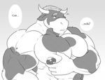  abs anthro belly biceps big_biceps bovine cattle clothed clothing english_text front_view grope hair hand_on_chest hi_res horn invalid_tag kartos male mammal manly mature_male muscular muscular_male nipples pecs pose simple_background solo standing text topless 