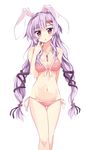  :o alternate_hairstyle animal_ears bangs bikini blush breasts bunny_ears carrot_hair_ornament cleavage eyelashes food_themed_hair_ornament front-tie_bikini front-tie_top groin hair_bobbles hair_ornament hair_ribbon hairclip head_tilt highres jewelry jpeg_artifacts long_hair looking_at_viewer maturiuta_sorato medium_breasts navel necklace parted_bangs pendant playing_with_own_hair purple_hair red_eyes reisen_udongein_inaba ribbon side-tie_bikini simple_background solo swimsuit tareme thigh_gap touhou white_background 