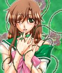  alternate_hairstyle bishoujo_senshi_sailor_moon blush bow brown_hair choker earrings finger_in_mouth fingernails floral_background flower green_choker green_eyes green_sailor_collar hair_down jewelry kino_makoto leaf long_hair looking_at_viewer off_shoulder one_eye_closed parted_lips pink_bow pink_flower pink_rose plant rose sailor_collar sailor_jupiter sailor_senshi_uniform solo stud_earrings super_sailor_jupiter sweat takano_saku upper_body vines 