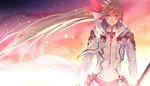  earrings feathers fusion jewelry kamui_(tales_of_zestiria) lailah_(tales) long_hair male_focus omaru_y ponytail red_eyes solo sorey_(tales) tales_of_(series) tales_of_zestiria very_long_hair weapon white_hair 