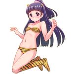  animal_print bikini blush boots cosplay highres horns izayoi_liko long_hair lum lum_(cosplay) mahou_girls_precure! precure purple_eyes purple_hair sayousuke solo swimsuit tiger_print urusei_yatsura wavy_mouth 