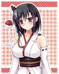  bare_shoulders black_hair blush breasts commentary_request detached_sleeves hair_ornament japanese_clothes kantai_collection large_breasts nontraditional_miko obi poke_ball poke_ball_(generic) pokemon red_eyes sakura_umi sash short_hair solo upper_body yamashiro_(kantai_collection) 