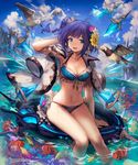  :d armpits bikini bird blue_eyes blush breasts building cleavage cloud collarbone copyright_name crystal cygames earrings fish flower grin hair_flower hair_ornament hand_in_hair head_tilt highres jacket_on_shoulders jewelry large_breasts lazuli_(shingeki_no_bahamut) lee_hyeseung looking_at_viewer moon navel official_art open_mouth outdoors purple_hair shingeki_no_bahamut side_ponytail sitting sky smile solo swimsuit water 