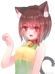  :3 animal_ears bell bell_collar brown_hair cat_ears cat_tail chara_(undertale) collar dayuh open_mouth paw_pose red_eyes shirt simple_background sleeveless sleeveless_shirt solo spoilers striped striped_shirt tail undertale upper_body watermark web_address white_background 