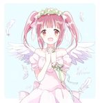  :d angel_wings arm_ribbon bad_id bad_twitter_id bare_shoulders blush brown_eyes brown_hair clover dress feathers flower four-leaf_clover hair_flower hair_ornament hair_ribbon hands_clasped idolmaster idolmaster_cinderella_girls mei_(maysroom) ogata_chieri open_mouth own_hands_together ribbon smile solo strapless strapless_dress twintails white_dress wings wristband 
