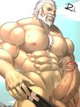  1boy abs bara erection large_penis male_focus muscle nipples outdoors overwatch pecs penis public reinhardt_(overwatch) silver_hair solo topless undressing 