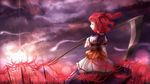  arm_garter closed_eyes flower hair_bobbles hair_ornament hitodama minust obi onozuka_komachi over_shoulder puffy_short_sleeves puffy_sleeves red_hair sash scythe short_hair short_sleeves solo spider_lily sunlight touhou two_side_up weapon weapon_over_shoulder 