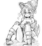  1girl breasts duel_monster dyson_(edaokunnsaikouya) female gloves hat long_hair looking_at_viewer magical_girl monochrome sitting smile yu-gi-oh! yuu-gi-ou_duel_monsters 