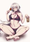  1girl absurdres akina_t bangs bare_arms bare_legs bare_shoulders barefoot bikini breasts chewing cleavage closed_mouth commentary_request condensation crossed_ankles erect_nipples eyebrows_visible_through_hair eyes_visible_through_hair fate_(series) food_request hair_between_eyes highres hips holding indian_style jeanne_d&#039;arc_(alter)_(fate) jeanne_d&#039;arc_(fate)_(all) long_hair looking_at_viewer medium_breasts navel o-ring o-ring_bikini silver_hair silver_trim sitting solo swimsuit tsurime very_long_hair yellow_eyes 