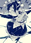  bad_id bad_twitter_id black_wings camera hat hichiko monochrome pom_pom_(clothes) shameimaru_aya shirt short_hair short_sleeves skirt solo tokin_hat touhou tree wings 