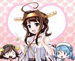  3girls ahoge alternate_hair_length alternate_hairstyle bare_shoulders beret blue_hair breasts brown_hair detached_sleeves double_bun flipped_hair hairband hat headgear heart hiei_(kantai_collection) japanese_clothes kantai_collection kongou_(kantai_collection) long_hair looking_at_viewer medium_breasts multiple_girls nontraditional_miko open_mouth purple_eyes remodel_(kantai_collection) ribbon-trimmed_sleeves ribbon_trim sailor_hat school_uniform serafuku short_hair sleeves_rolled_up smile solid_circle_eyes teeth tk8d32 urakaze_(kantai_collection) 